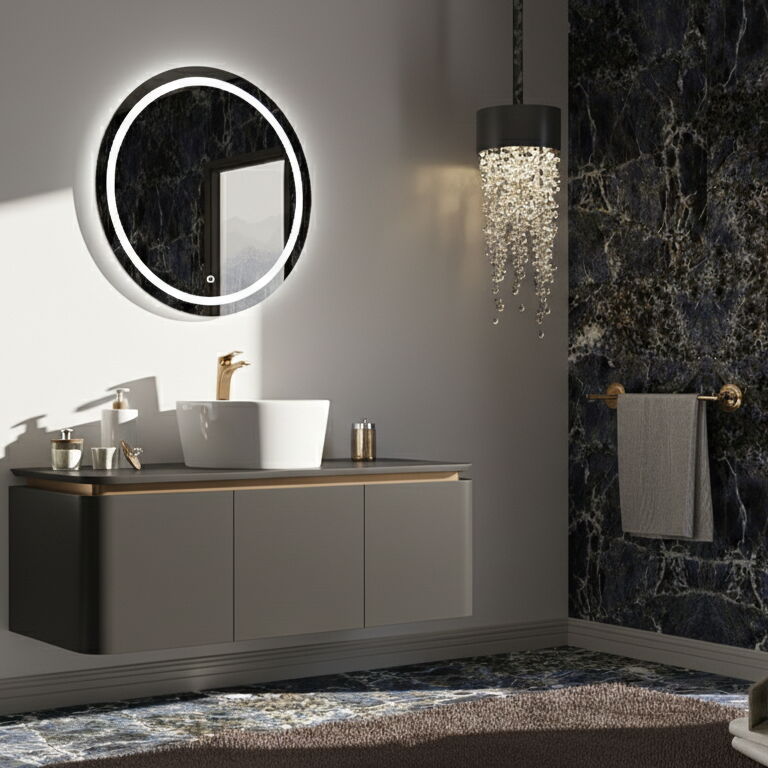 Trim Led Aynalı Banyo Dolabı Seti Antrasit 120 cm