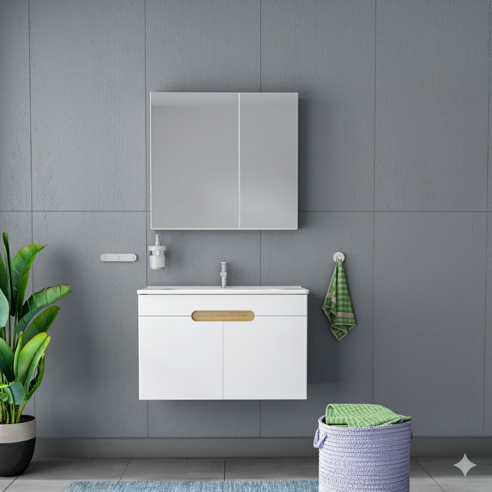 Troy Ayna Dolaplı Banyo Dolabı Seti S.Meşe-Beyaz 60 cm