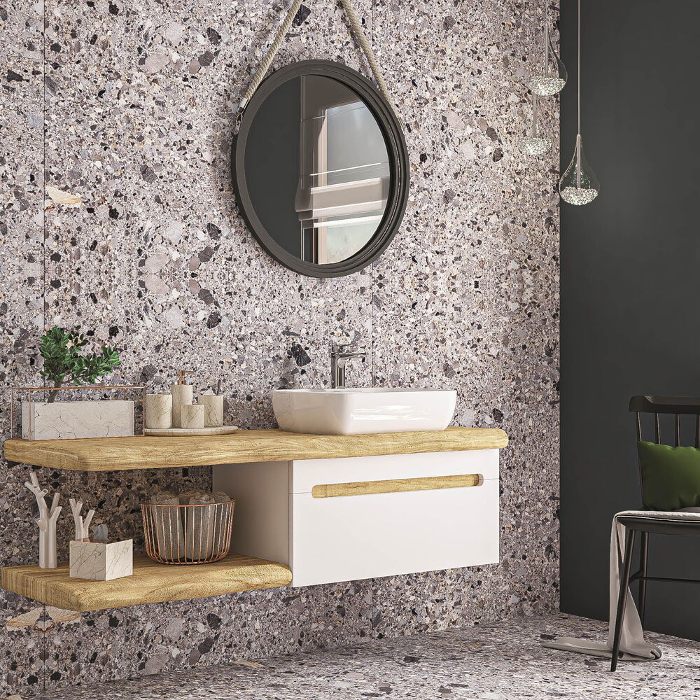 Natur Aynalı Banyo Dolabı Seti Raflı  Beyaz 150 cm