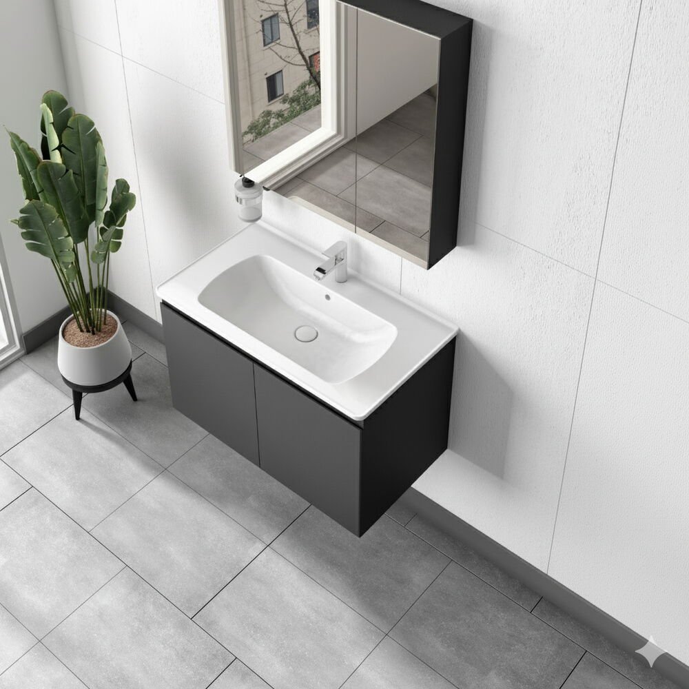 Alpu Ayna Dolaplı Banyo Dolabı Seti Antrasit 80 cm