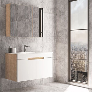  Troy Ayna Dolaplı Banyo Dolabı Seti S.Meşe-Beyaz 60 cm