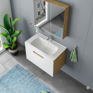  Troy Ayna Dolaplı Banyo Dolabı Seti S.Meşe-Beyaz 60 cm